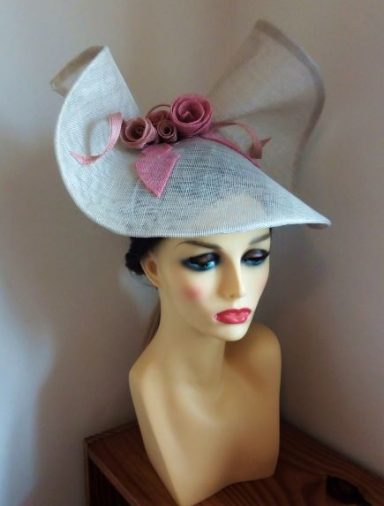Wedding occasion ivory hat roses ribbons latte burgundy pink