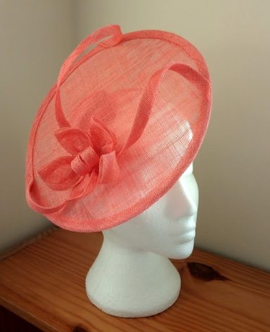Wedding occasion coral pink disc fascinator flower ribbons