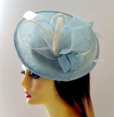 Occasion wedding womens disc fascinator pale blue and ivory